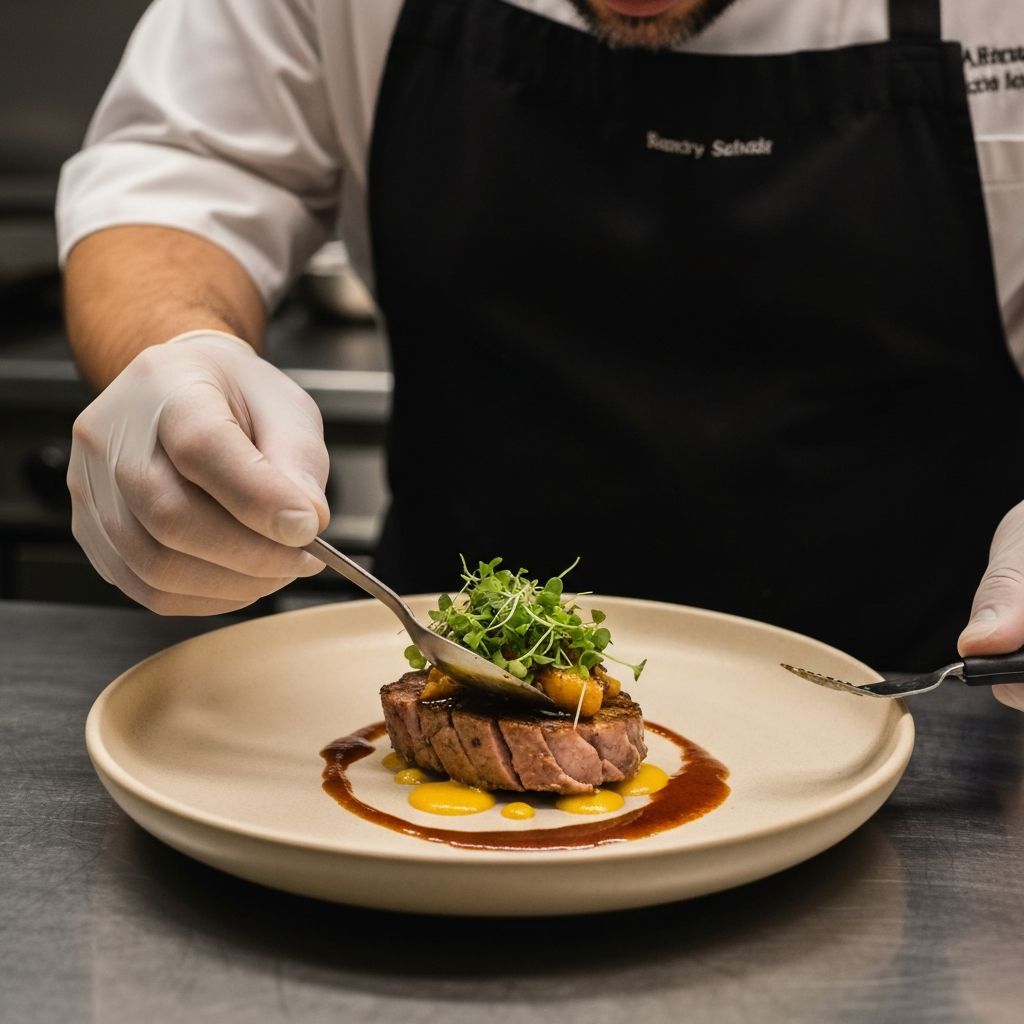Chef plating a dish with warm restaurant lighting